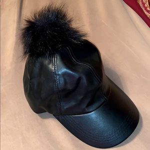 Black Leather Hat with Pom